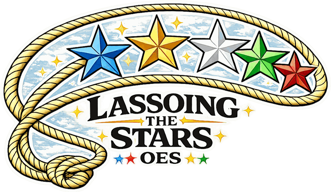 Lassoing the Stars — Order of the Eastern Star. A lariat encircling five stars in blue, gold, white, green and red.